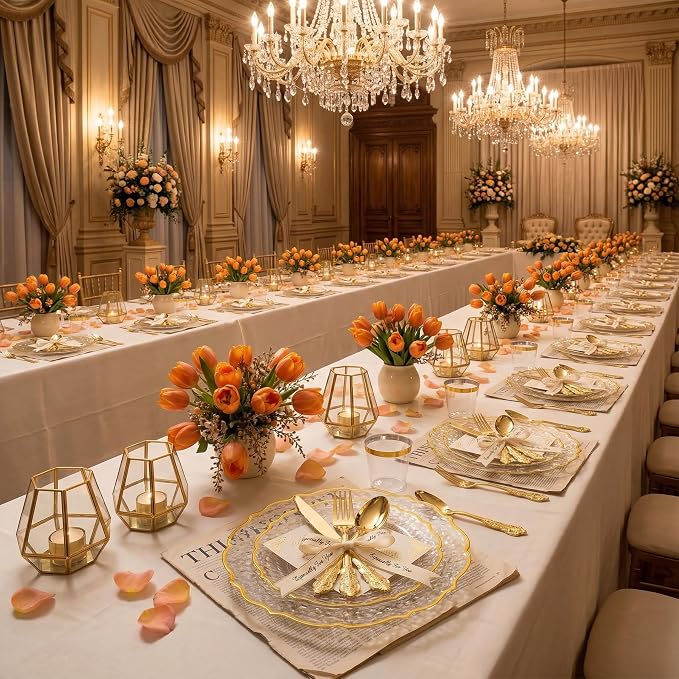 N9R 300pcs Gold Plastic Silverware Dinnerware Flatware- Heavyweight Plastic Cutlery Set, 100 Forks, 100 Spoons, 100 Knives, Gold Utensils for Party, Thanksgiving, Christmas