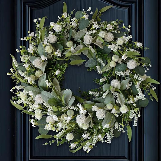 22 inch Spring Wreath White Spiny Ball Green Leaf Green Wreath Summer Front Door Hallway Window Decoration Wedding Party Decoration