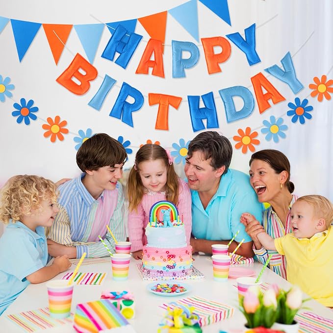 YEOCU Happy Birthday Decorations, No DIY, Pre-Strung 3D Banner | Blue & Orange, 3D felt banner, flower garland & flags. No DIY, reusable for kids & women.