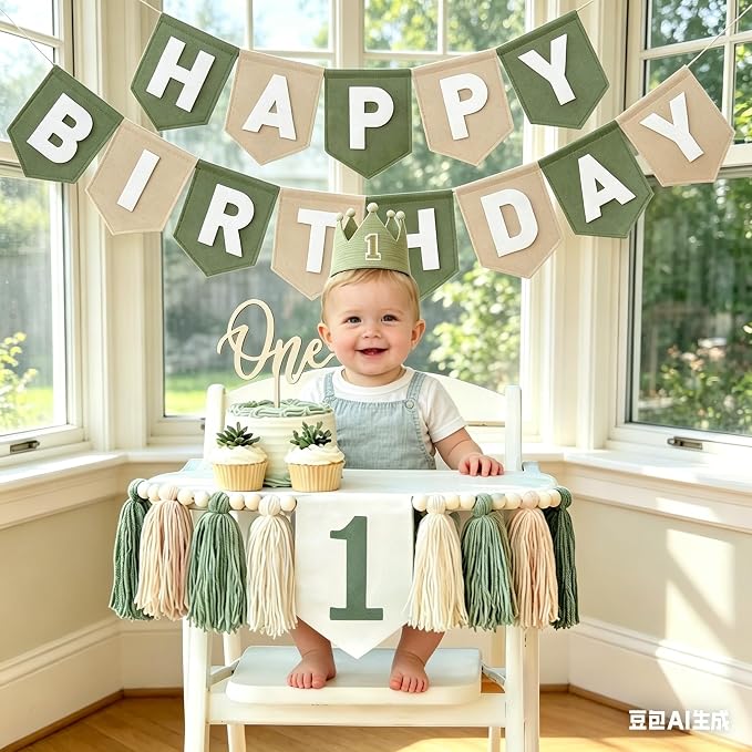 Sage Green 1st Birthday High Chair Decorations- First Birthday Banner Wild One Highchair banner 1st birthday boy with Tassels, Crown & One Cake Topper, Boho 1st Birthday Party Supplies photo props