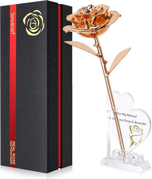 Sinvitron Gold Dipped Rose Real 24K Gold Rose, Hand Dipped One of a Kind Golden Roses, Romantic Gifts for Women on Valentines Day, Anniversary Mother’s Day (Rose Gold)