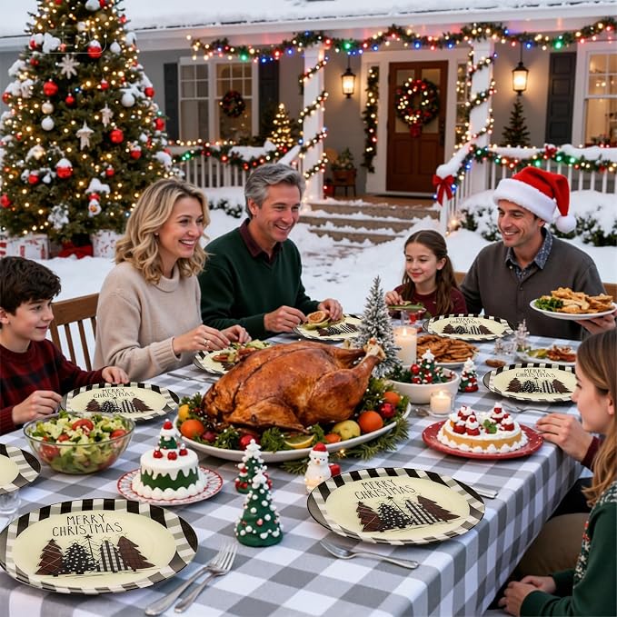 WDF 24Pack Christmas Plastic Plates - Heavy Duty Christmas Tree Plates - Disposable Checkered Plate Ideal for Party