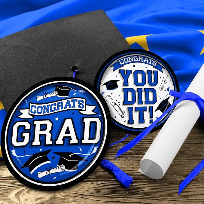 Graduation Party Supplies Dinnerware Set blue Disposable dinner paper plates dessert paper plates and Napkins for Congrats Grad Party Decorations, Serve 50