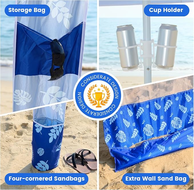 Zeraty Beach Cabana 8'×8', Portable Beach Canopy with Side Wall, UPF 50+ Silver-Coated Beach Tent Sun Shelter Easy Pop Up, Wind Resistant Adjustable Height Beach Umbrella Tent for Family, Coastal