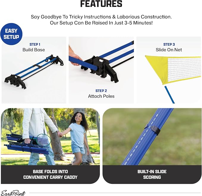 EastPoint Easy Setup Badminton Set - 15 ft Net, 4 Rackets, 2 Shuttlecocks - Quick Setup Net for Backyard Games - Steel Shaft Badminton Rackets for Family Games - Durable Shuttlecocks for Outdoors