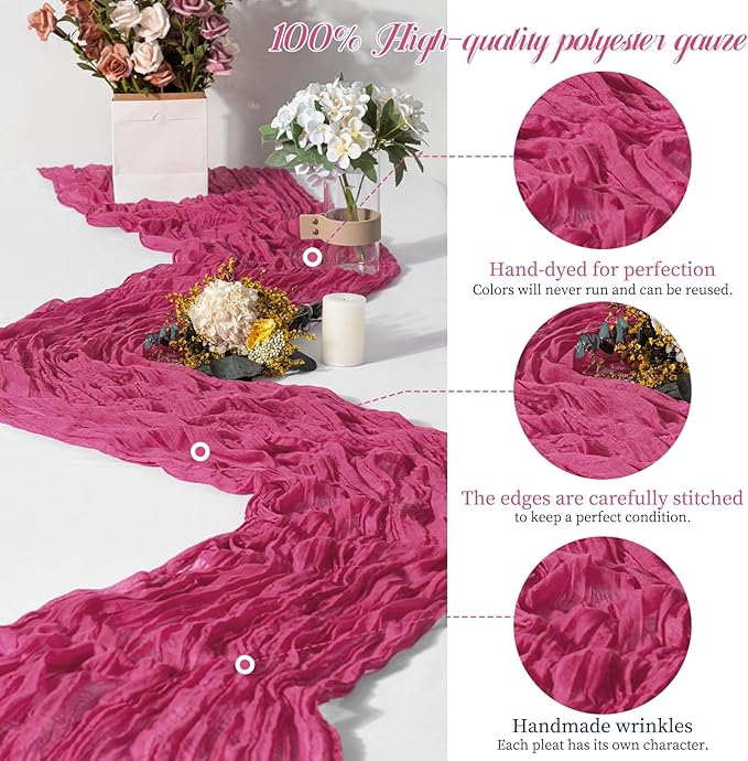 15 Packs Cheesecloth Table Runner Hot Pink,10 Ft Hot Pink Table Runner for Wedding, Rustic Gauze Boho Decoration for Wedding Party Bridal Shower,21.5x120in
