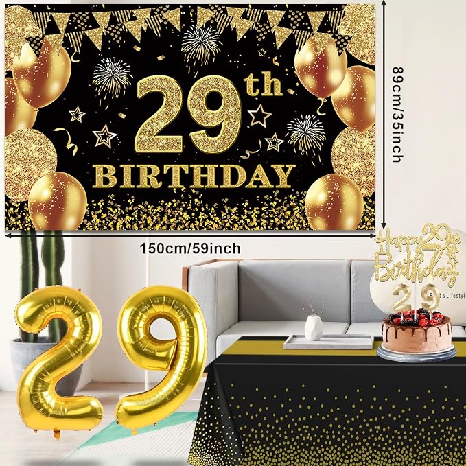 29th Birthday Decorations Men Women with 29th Birthday Banner, Black and Gold Table Cloth, Number Balloons, Large Sash, Cake Topper and Candles