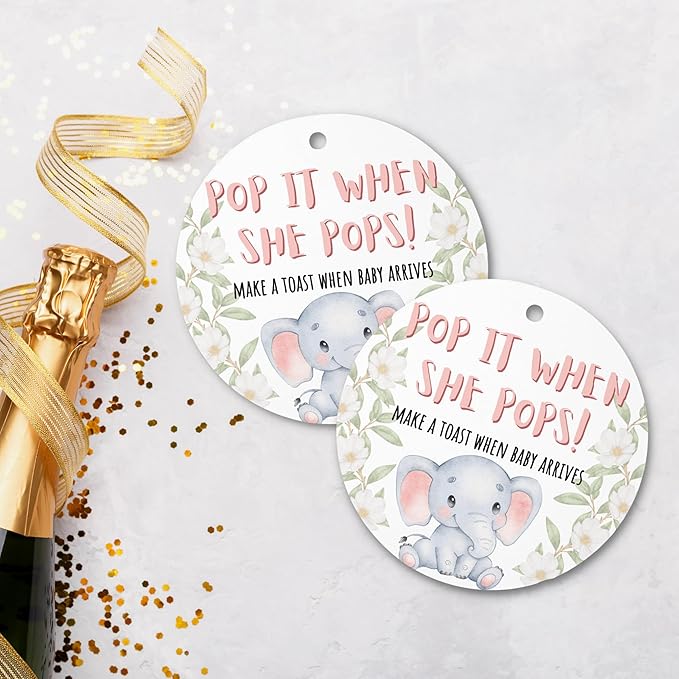 Pop It When She Pops Elephant Tags | 30 pk, 2.5” Blue Woodland Animals Labels for Champagne Bottles Pink Bubbly Labels for Mini Bottles Baby Shower Favor
