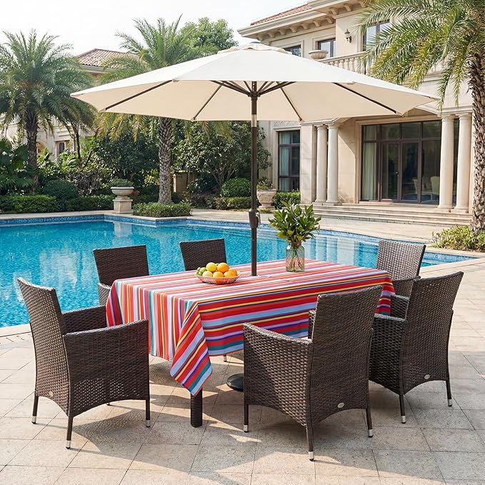 Poise3EHome 60X84 Outdoor Spillproof Rectangle Tablecloth with Umbrella Hole and Zipper for Camping, Picnic, Party, Patio Table, Spring, Color Stripe