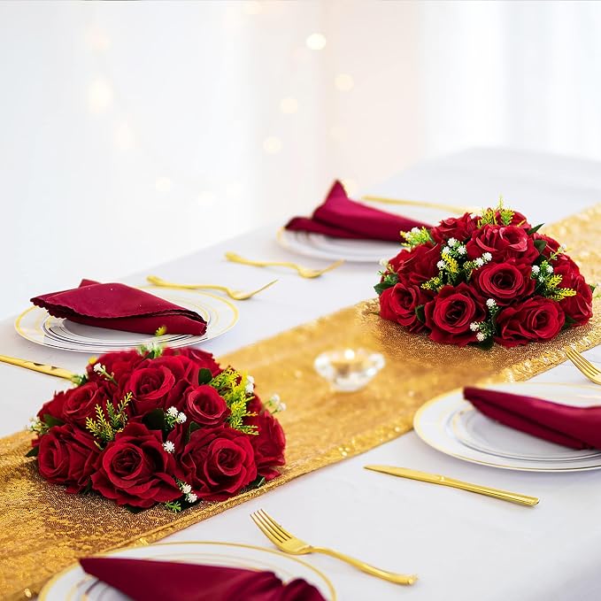 BLOSMON Flower Balls Wedding Rose Centerpieces: 2 Pcs Crimson Red Fake Flowers Kissing Balls Decor - Artificial Silk Roses Floral Arrangement Home Party Table DIY Decorations