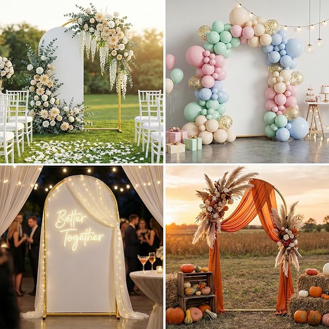 Arch Backdrop Stand and Cover Set, 6 x 2.6FT Gold Metal Wedding Arch for Ceremony, Heavy Duty Balloon Arch Stand with White Spandex Cover for Birthday Party, Baby Shower, Graduation, Event Decor