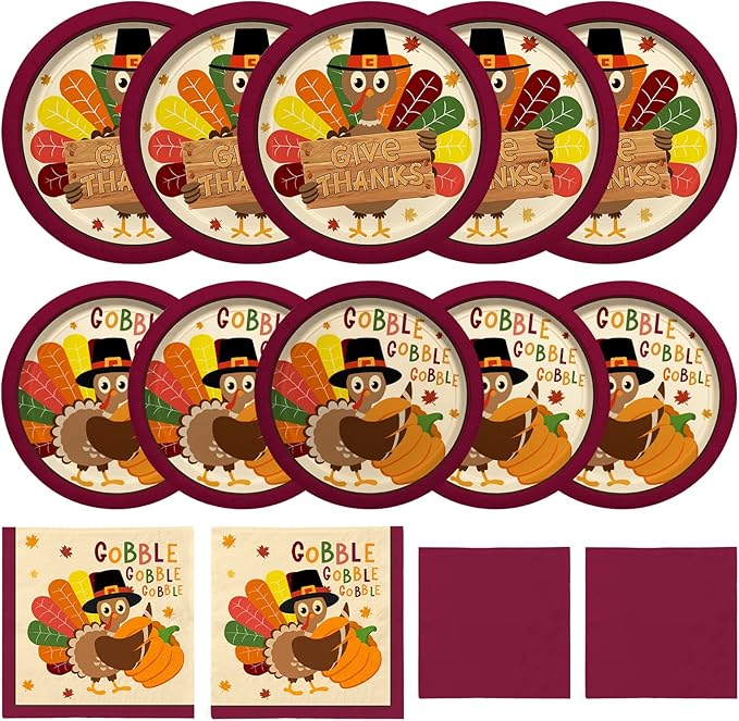 Turkey Thanksgiving Party Supplies Kit, Autumn Disposable Dinnerware Includes, Paper Dinner Plates, Dessert Plates, Luncheon Napkins and Beverage Napkins, for Fall party Decorations, Serve 50
