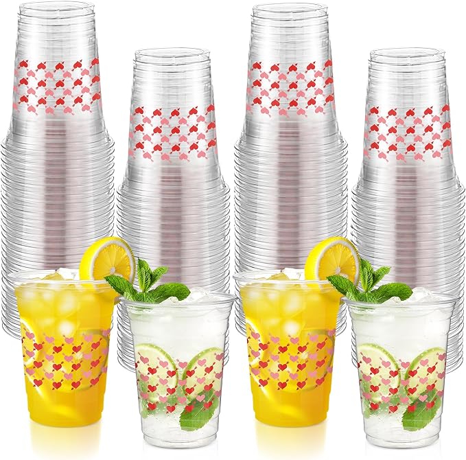100 Pcs Wedding Plastic Cups 16 oz Clear Disposable Romantic Heart Cups Bulk for Bridal Shower Engagement Anniversary Supplies Beverage Snack
