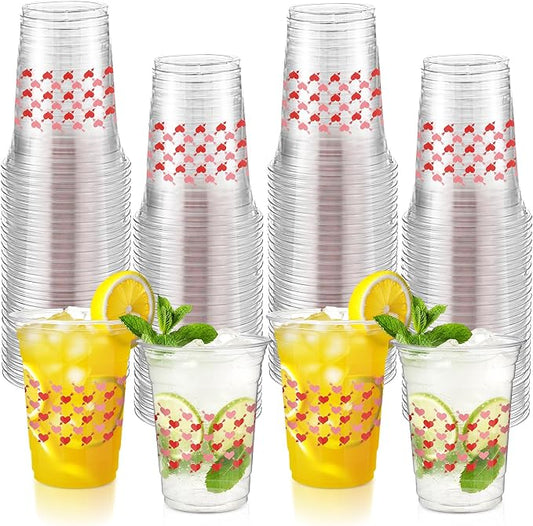 100 Pcs Wedding Plastic Cups 16 oz Clear Disposable Romantic Heart Cups Bulk for Bridal Shower Engagement Anniversary Supplies Beverage Snack