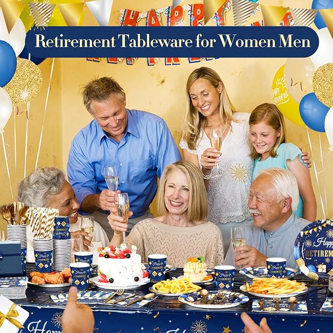 Funnymoom 452 Pcs Retirement Party Decorations Supplies Set Include Blue Gold Retirement Paper Plates Napkins Cups Tablecloth Cutlery Straws for Men Women Say Goodbye Party