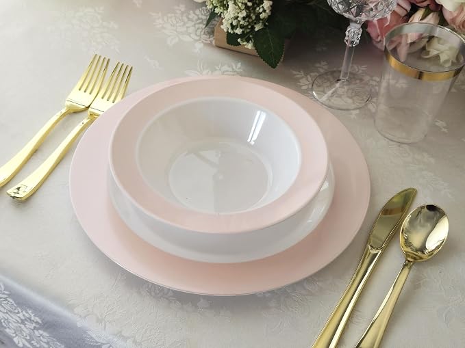 " OCCASIONS " 240 Plates Pack,(120 Guests) Heavyweight Wedding Party Disposable Plastic Plates -120x10.25'' Dinner+120x7.5'' Salad/Dessert (Rio Collection White & Pearled Pink Blush)