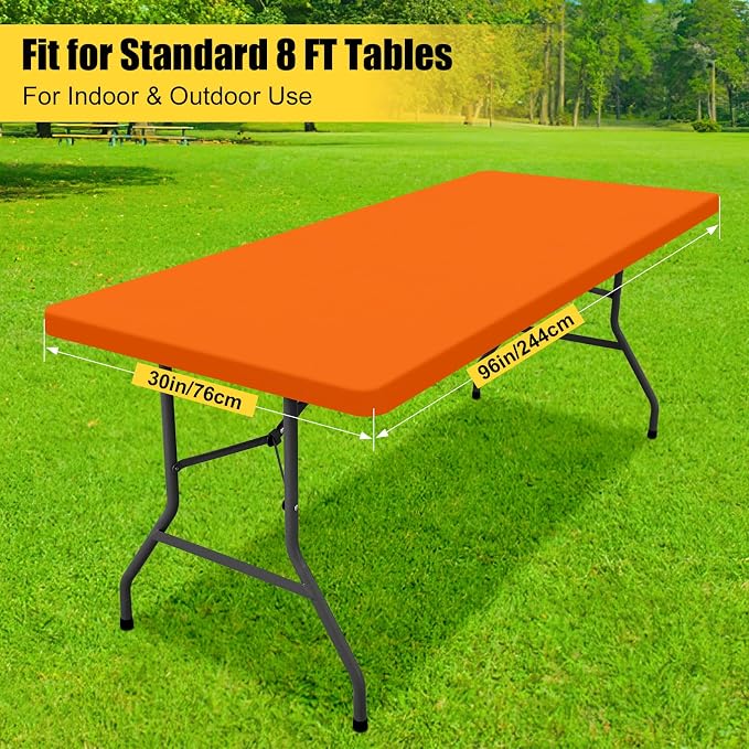 Smiry 3 Pack Rectangle Table Cloth, Elastic Fitted Flannel Backed Vinyl Tablecloths for 8ft Folding Tables, Waterproof Wipeable Table Covers for Indoor, Outdoor, Camping and Picnic (Orange, 30"x96")