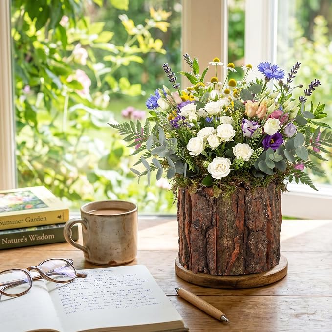 12 Set Wooden Vase for Centerpieces Wedding Flower Table Centerpieces Decor Rustic Bark Stump Bucket Farmhouse Wood Planter Pot for Woodland Party Window Home (Flower Foam,Large)