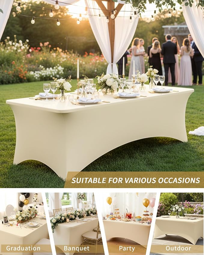 Fixwal 3 Pack Ivory Tablecloth Rectangle 8Ft, Stretch Spandex Fitted Table Cover for Party, Trade Show, Wedding, Buffet, Graduation, Vendor Stand