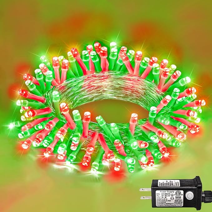 120 LED Christmas Lights Outdoor Waterproof, Red and Green String Lights Indoor Clear Wire, Connectable 8 Modes Plug in Fairy String Lights for Tree Christmas Halloween Decorations