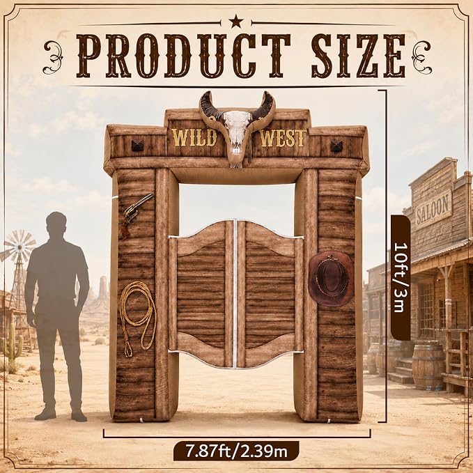 10 Ft Wild West Inflatables Arch Giant Cowboy Inflation Arch with LED Light Western Theme Blow Up Archway for Cowboy Party Outdoor Indoor Yard Lawn Garden Photo Booth Props Blow-Up Backdrop Decor