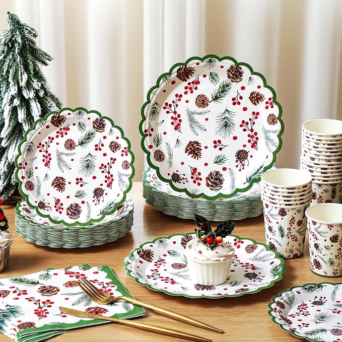Domensi 250 Pcs Christmas Party Supplies Holly Leaf Berries Christmas Paper Plates and Napkins Cups Disposable Plates Napkins Tableware Set for 50 Guests for Xmas Winter Holiday Decoration