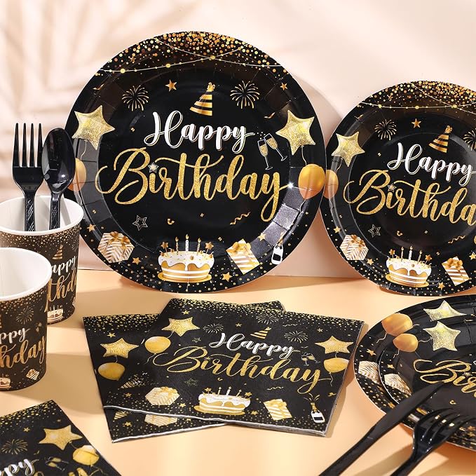 Vesici 171 Pcs Happy Birthday Party Supplies 24 Set Disposable Party Tableware include Plates Cups Napkins Cutlery and Banner Tablecloth Birthday Dinner Decorations for Men Woman(Black, Gold)