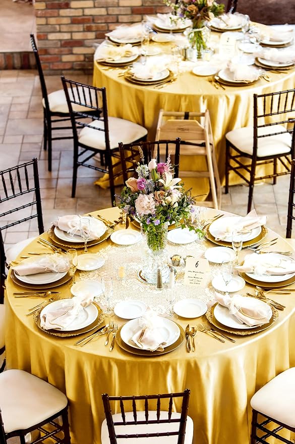 12 Pack 120 Inch Round Tablecloth, Gold Satin Fabric Table Cloth for Round Tables, Wrinkle Resistant Washable TableCover Bright Silk Table Clothes for Wedding Party Dining Tables Banquet