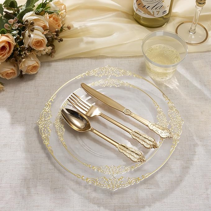 Goodluck 250 PCS Vintage Clear & Gold Rim Plastic Plates with Cutlery Set - Serves 50 - Heavy Duty Elegant Disposable Dinnerware for Wedding, Bridal Shower, Anniversary