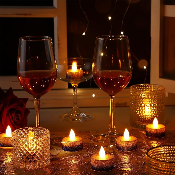 Retisee 48Pcs Flameless LED Tea Lights Glitter Electric Fake Candles for Centerpieces Battery Operated Anniversary Romantic Winter Decor for Wedding Christmas Birthday(Gold,Blue,1.65 Inch)