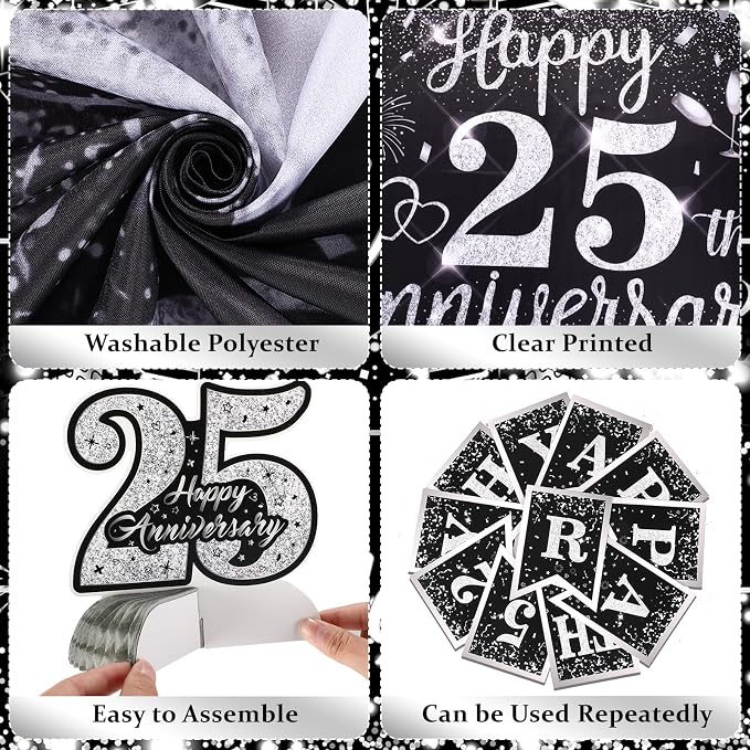 25th Wedding Anniversary Decorations Black Silver Happy 25th Anniversary Banner Backdrop Honeycomb Centerpiece Hanging Swirls Pom Poms for 25 Years Silver Wedding Party Decorations Supplies