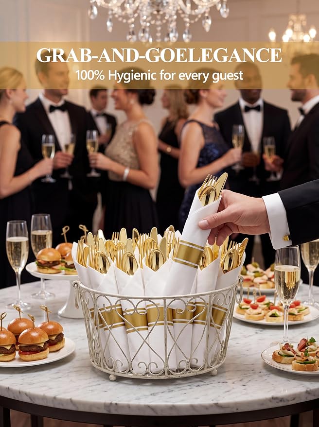 Supernal 30 Pack Pre Rolled Gold Plastic Silverware with Linen Feel Napkins, Heavy Duty Disposable Wrapped Cutlery Set for Weddings, Graduation Parties 2026, Upscale Catering & Events