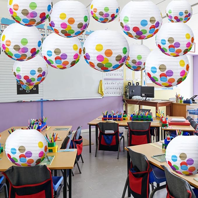 Retisee 12 Pcs 10 Inch Hanging Paper Lanterns Party Decorations Pastel Classroom Decor for Birthday Back to School Party Decoration for Classrooms Wedding Birthday Ceilings(Classic Color,Dots)