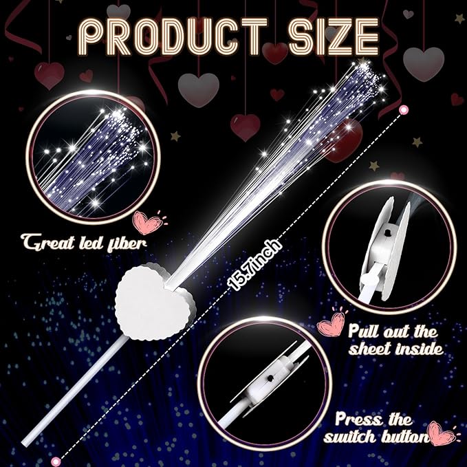 Tujoe 50 Pcs LED Wedding Sparklers Glow Sticks Heart Shape Long Fiber Optic Wands with 3 Light Modes for Send Off Reception Valentine Proposal Carnival Birthday Party Supplies Dance Floor Prop (White)