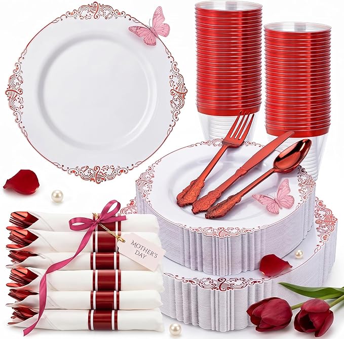 Nervure 175PCS Red Plastic Plates - White Red Plastic Dinnerware Sets for 25 Guests - 50 Red Disposable Plates, 25 Pre Rolled Cutlery Set, 25 Cups Perfect for Wedding, Party & Mother's Day
