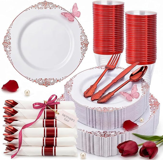Nervure 175PCS Red Plastic Plates - White Red Plastic Dinnerware Sets for 25 Guests - 50 Red Disposable Plates, 25 Pre Rolled Cutlery Set, 25 Cups Perfect for Wedding, Party & Mother's Day