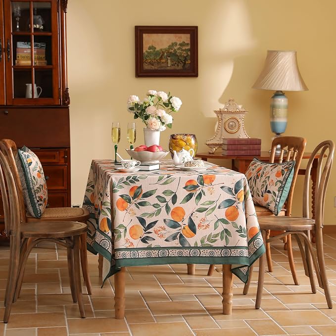 patdrea Designer French Linen Tablecloth,Rectangular,79"x55"-Palladin A | Colorful Elegant Table Cloth for Rectangle Table,Orange Floral Patterned,for Dining Room Tea Party Thanksgiving