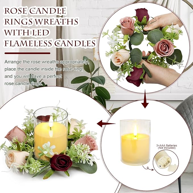 2 Sets Rose Candle Rings Wreaths, 3 Inch Artificial Flowers Candle Rings with LED Flameless Candles Burgundy Pink Eucalyptus for Table Centerpieces Home Wedding Party Decor