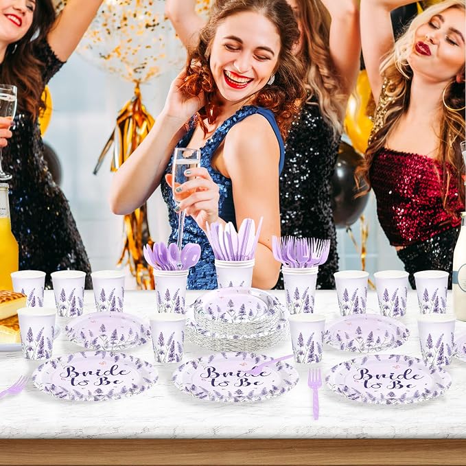 168 Pcs Purple Lavender Bridal Shower Party Supplies Floral Flower Plates Napkins Cups Forks Knives Spoons Bride to Be Paper Tableware Set for Bachelorette Wedding Engagement Decorations Serves 24