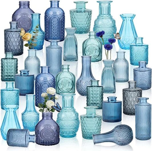 32 PCS Assorted Vintage Bud Vases, Colorful Glass Small Vases Bulk, for Centerpicecs, Wedding Table Decor, Home Decorations & Gifts (Blue Seiris)