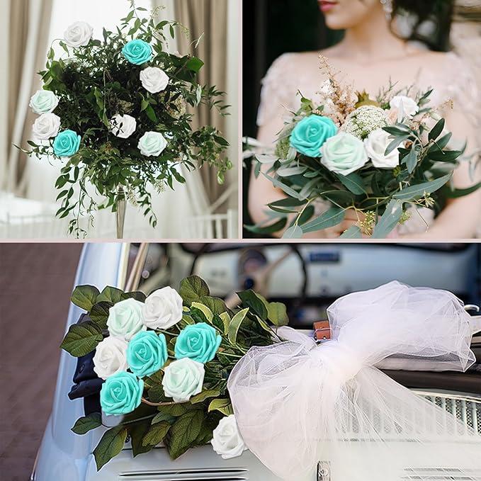 Artificial Flowers Roses Real Looking Foam Fake Roses with Leaves and for DIY Wedding Bouquets Bridal Shower Centerpieces Party Decorations (Green Series, 200)