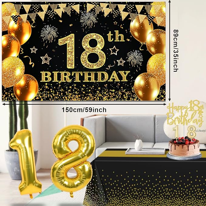 18th Birthday Decorations for Boys Girls with 18th Birthday Banner, Black and Gold Table Cloth, Number Balloons, Large Sash, Cake Topper and Candles