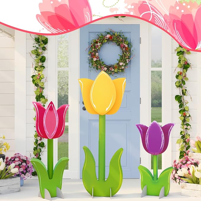 Amyhill 3 Pcs Spring Decorations Tulip Cardboard Cutout Standup Life Size 16.93/23.23/29.92 Inches Tulip Flower Cardboard Cutouts for Mother's Day Indoor Outdoor Yard Baby Shower Party Photo Props