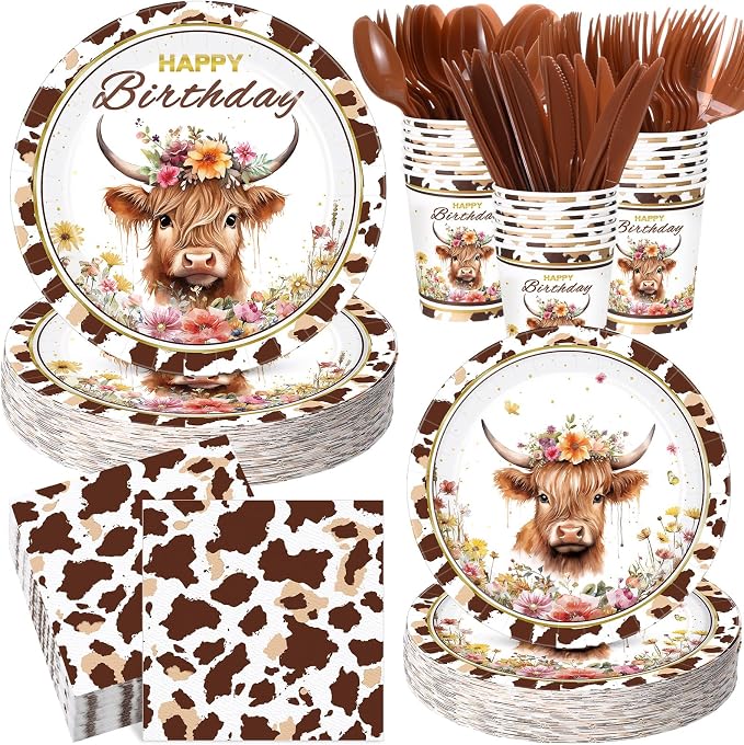 Funnymoom 400 Pcs Highland Cow Birthday Party Supplies Brown Cattle Paper Plates Napkins Cups Spoons Forks Knives for Western Farm Animals Kids Birthday Baby Shower Party Decorations