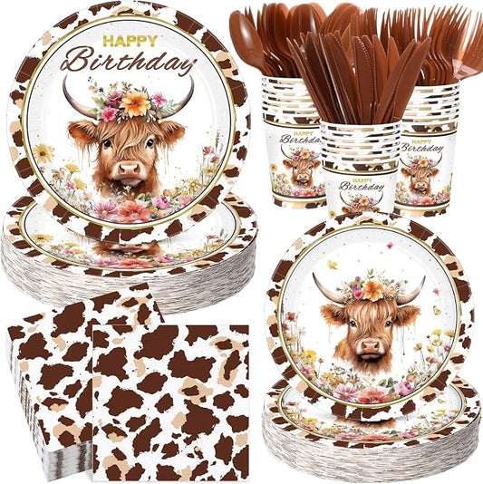 Funnymoom 400 Pcs Highland Cow Birthday Party Supplies Brown Cattle Paper Plates Napkins Cups Spoons Forks Knives for Western Farm Animals Kids Birthday Baby Shower Party Decorations