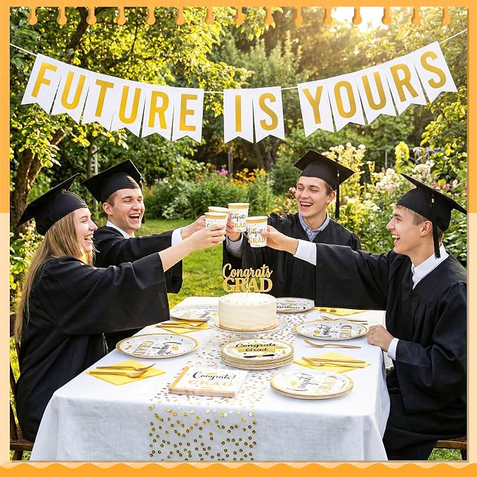 Domensi 400 Pcs 2026 Graduation Decorations Plates and Napkins and Cups Set Serve 50, White and Gold Graduation Party Supplies, Class of 2026 Paper Tableware 9oz Cup Knife Fork Spoon Congrats Grad