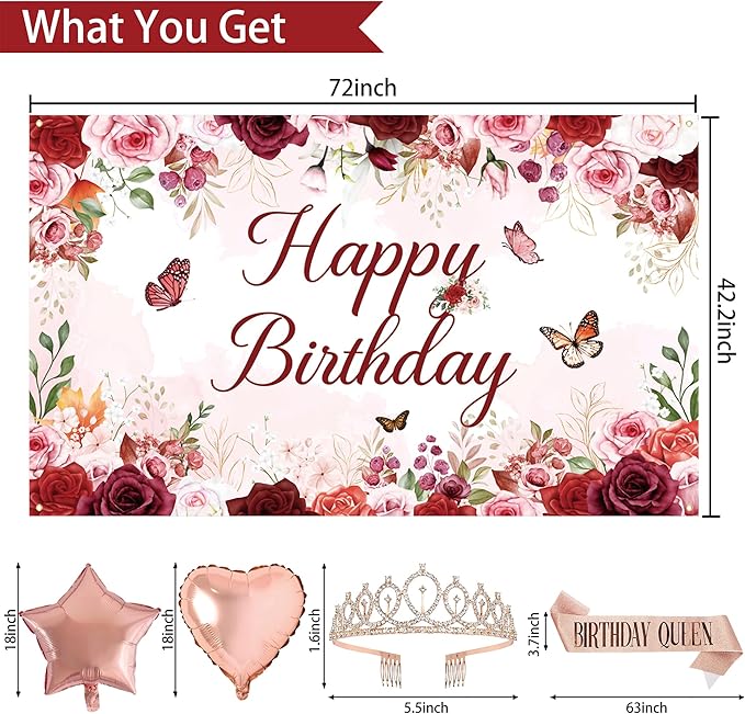 Trgowaul Birthday Decorations Party Set for Women, Rose Gold Flower Peony Banner Photography Backdrop, Hanging Swirls, Sash and Tiara, Floral Theme Birthday Party Supplies