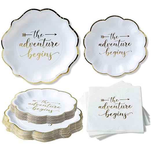 Kate Aspen The Adventure Begins Wedding Paper Plates and Napkins Set - 72 Piece Wedding Plates Disposable Party Tableware for 24 Guests - Bridal Shower Decorations, Engagement Party Decor