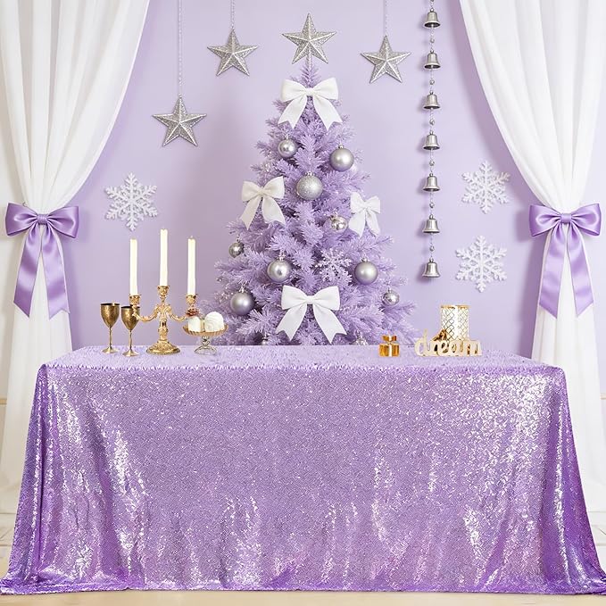 B-COOL Sequin Tablecloth Rectangle Tablecloths Lavender Shiny Table Skirt Sweet Birthday Cake Events Table Linens-90x156inches