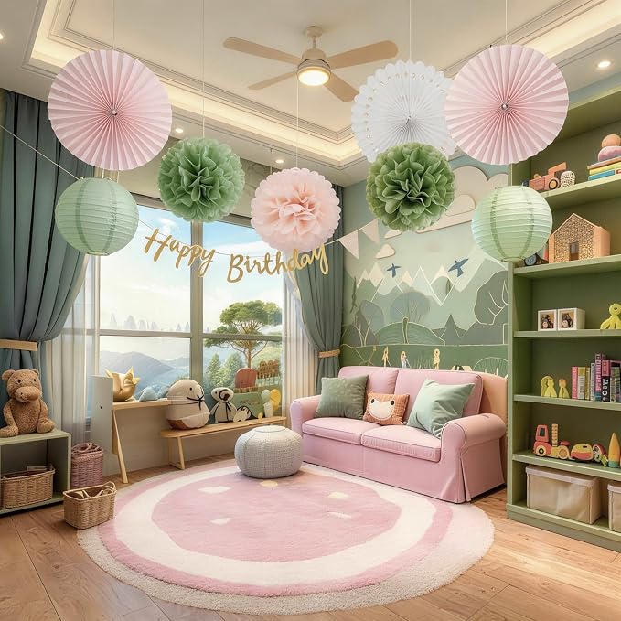 EASY JOY Sage Green and Pink Party Decorations Green Birthday Decorations Sage Tissue Pom Poms Paper Lanterns White Paper Fans (11pcs) for Women Girls Birthday Wedding Bridal Shower Baby Shower